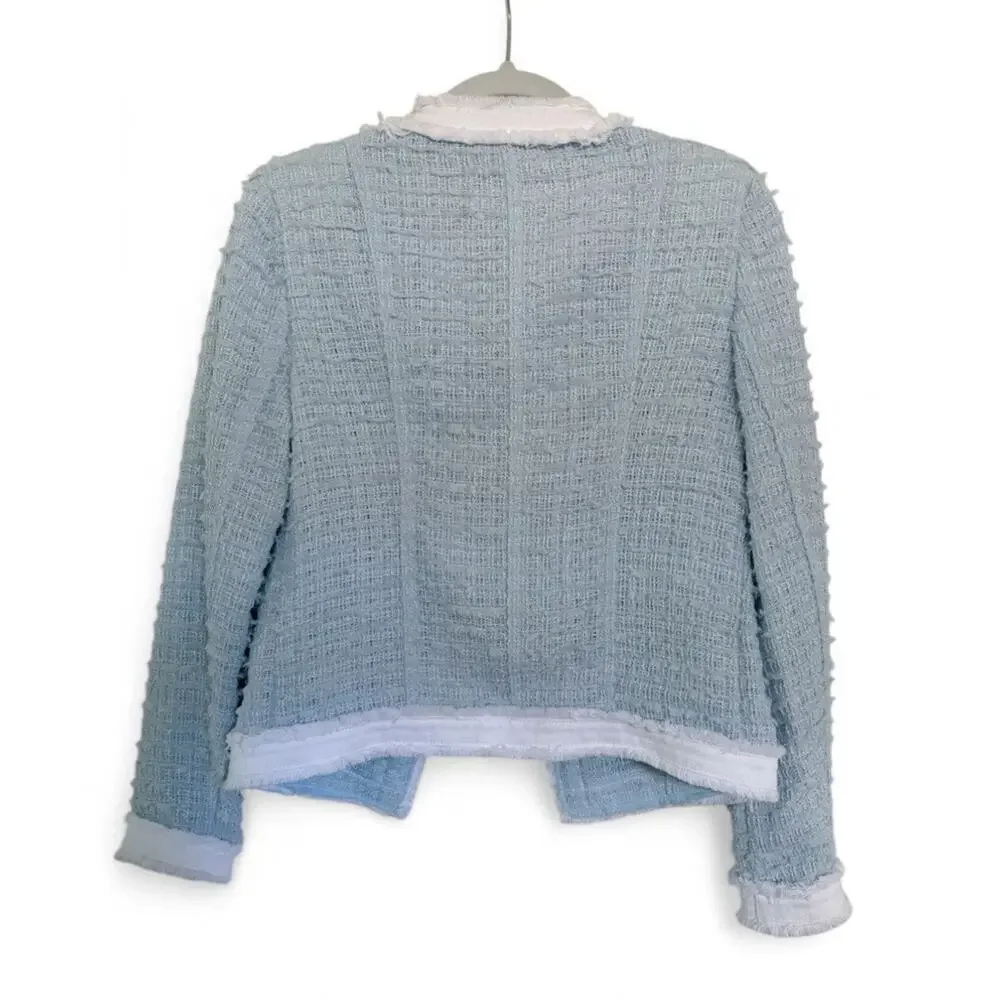 L'AGENCE Agnes Tweed Denim Jacket XS Ice Blue White $525 Quiet Luxury